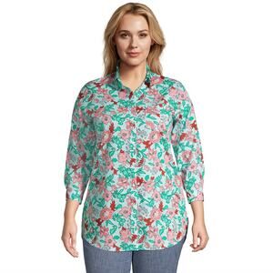 Lands' End Women's 18T No Iron 3/4 Sleeve Tunic Top Light Blue Lotus Flower Tall